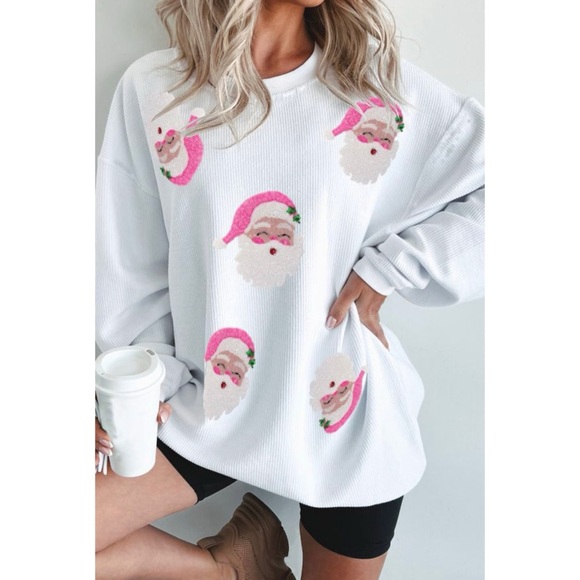 Tops - White Ribbed Sweatshirt with Pink Sequin Santa Clauses